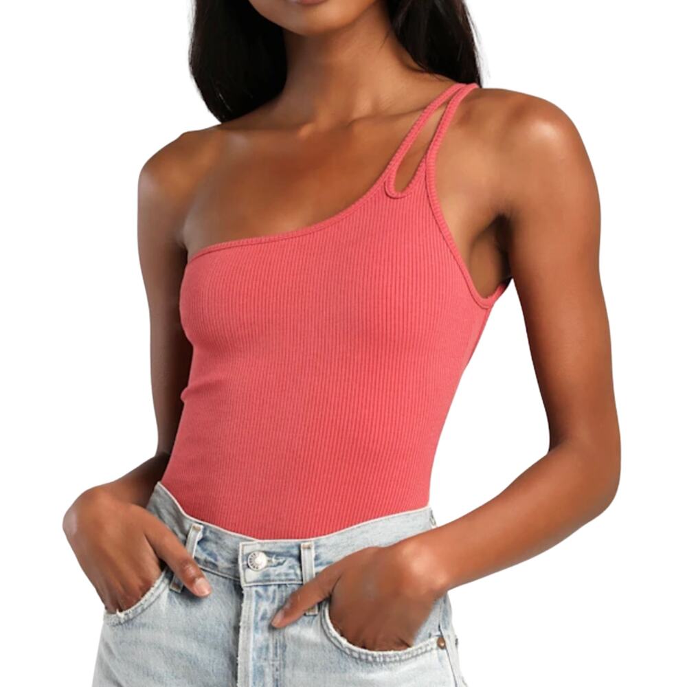 Lulus One Shoulder Asymmetrical Ribbed Knit Bodysuit Size XL Cutout Party Summer